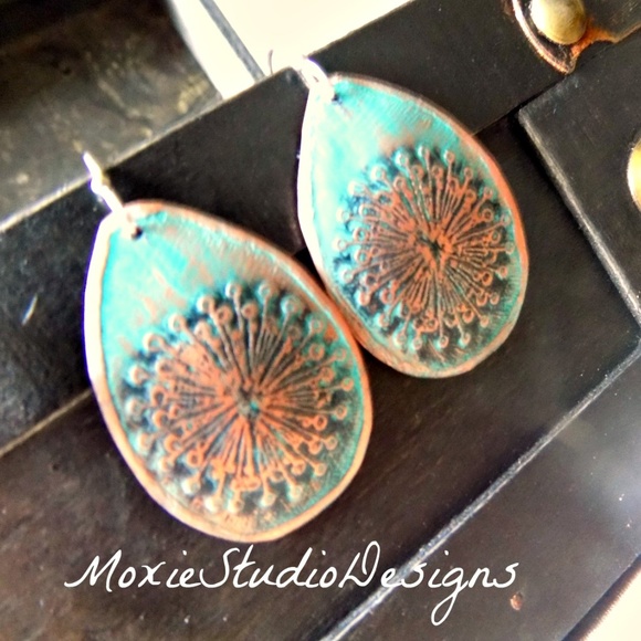 Rustic Turquoise Blue Dandelion Earrings, Copper - Picture 5 of 5